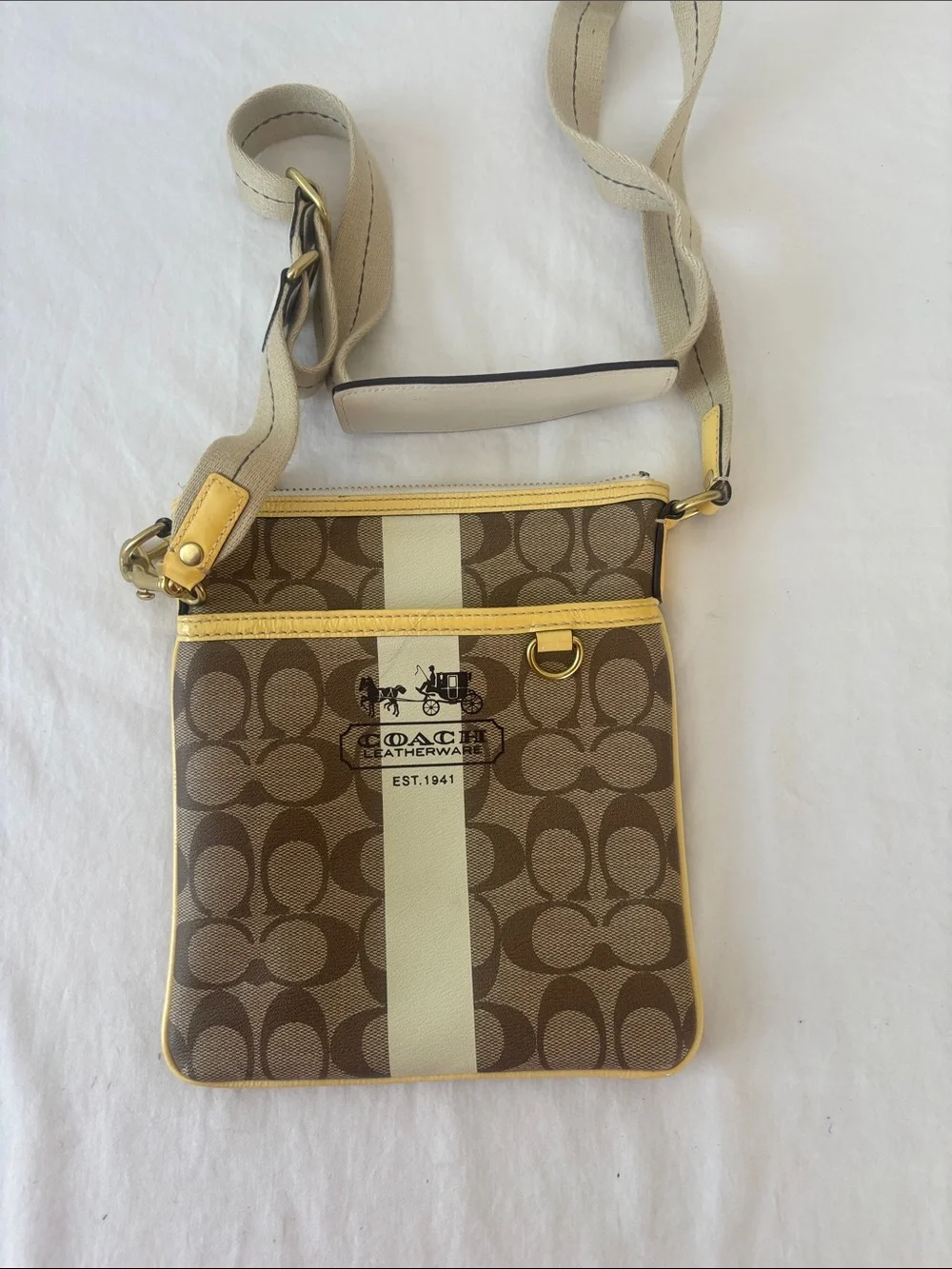Coach Brown & Cream Crossbody with Yellow Trim Y2K Style